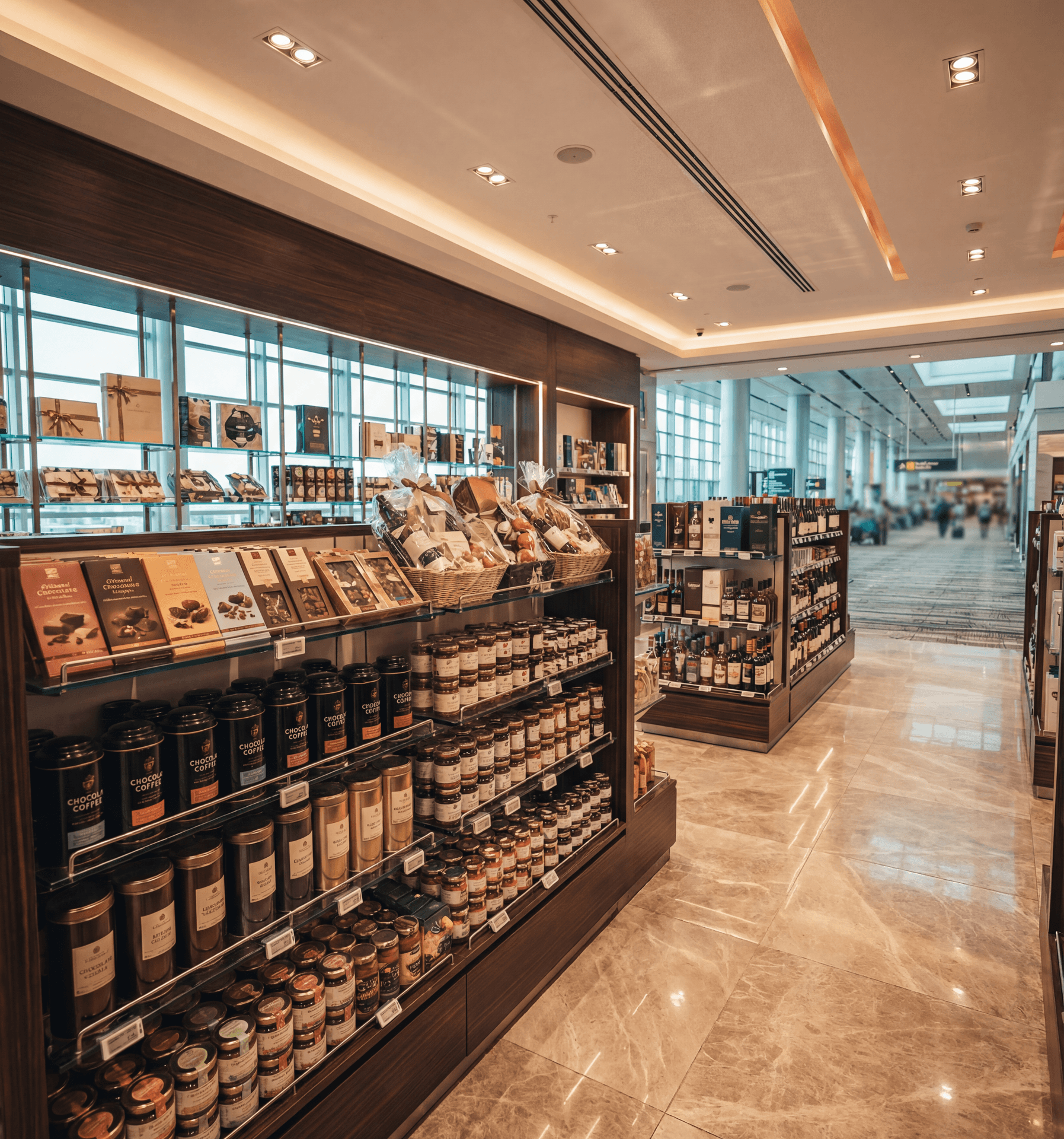 Interior de free shop — productos comestibles en góndola